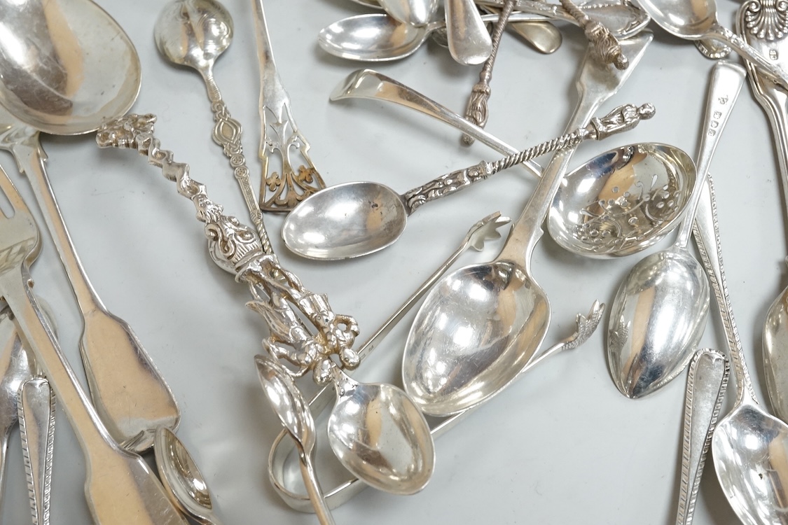 A small group of assorted mainly 20th century silver flatware, including teaspoons, replica spoons, dessert forks, sifter spoon, tea strainer, condiment spoons, Dutch white metal spoons, etc, various dates and makers, 17
